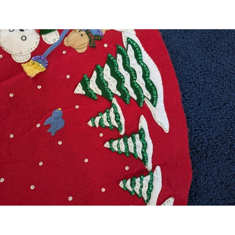 Christmas Tree Skirt Holiday Deco Felt Applique Bears Snowman Red 36